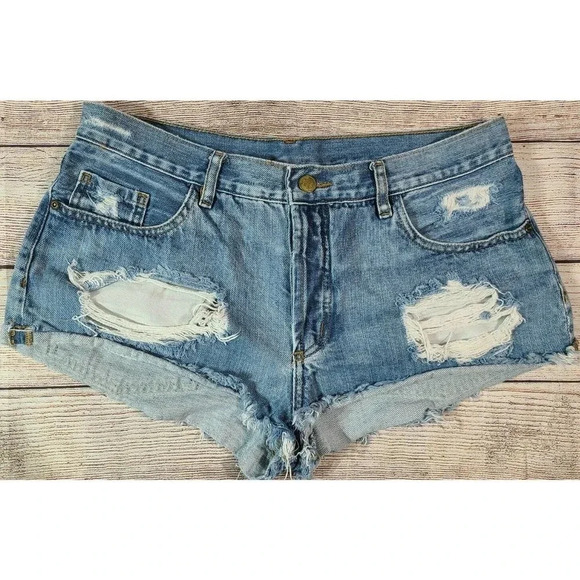 FARM Rio Brazil Cut Off Denim Jean Shorts Size 10 Large Distressed Destroyed - Picture 1 of 6